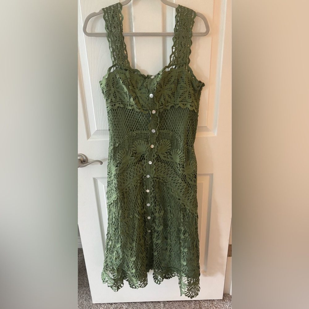FARM Rio Olive Green Crochet Button-Front Midi Dress